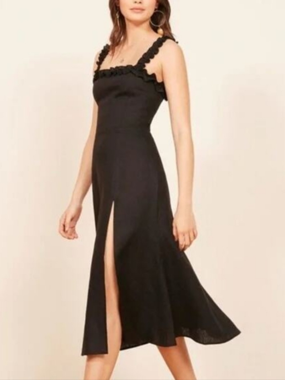 Reformation Black Linen Midi Dress Ruffle Straps Size 2